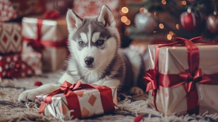 Wall Mural - Christmas themed photo of a cute 9 month old Siberian Husky with wrapped gifts