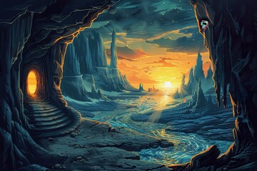 Wall Mural - Mystical landscape with glowing cave entrance and vibrant sunset over ocean