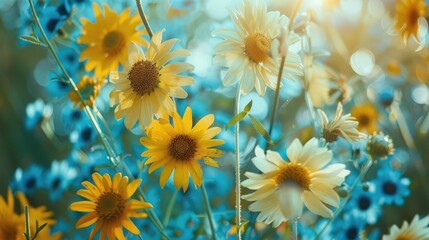 Canvas Print - Wildflowers in bright blue and yellow setting in top view for postcard or banner