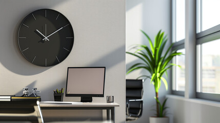 Wall Mural - A round clock placed on the wall in the office, a modern accent in the interior. Its elegant form and clear hands make it easy to monitor time and plan tasks.
