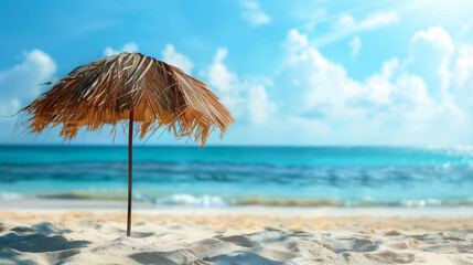 A coconut straw umbrella set on the beach where the sand meets the ocean, with a blurry blue sky in the background. The exotic view of a tropical island creates the perfect setting for a summer vacati