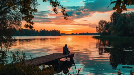 Outdoor photo of peaceful lake scene with someone fishing during sunset . AI generated