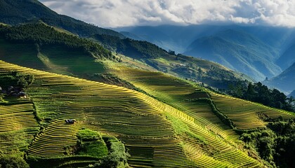 Terrazas de arroz en forma de escalones, creando patrones geométricos en las ladera