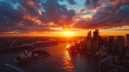 Wall Mural - Sunset over Sydney Harbour, helicopter view.