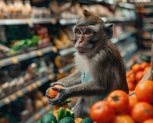 Wall Mural - A monkey sitting in a grocery store, holding a piece of fruit. AI.