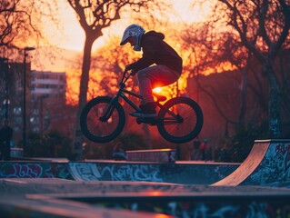 Poster - A cyclist in mid-air, performing a stunt on a ramp. AI.