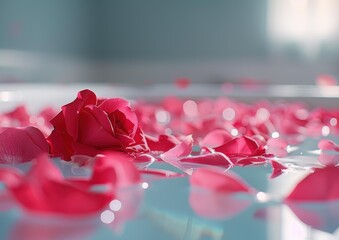 Wall Mural - Rose petals floating in water. AI.