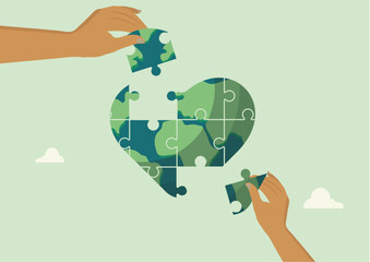 Hands Building Heart-Shaped Earth. Sustainability concept. Environmental social governance illustration. environmental ideas. Green solutions