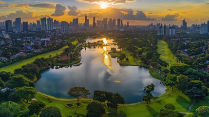 Sticker - A cityscape with a lake and golf course in the foreground. AI.