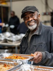 Sticker - A man smiles while holding a tray of food. AI.