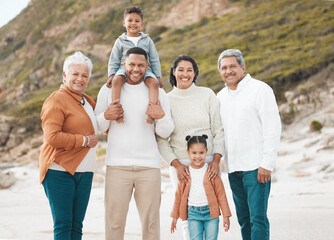 Poster - Happy, family and beach portrait with grandparents, mom and dad with kids together on holiday. Fun, smile and retirement with vacation and school break by the sea with love, parent care and bonding