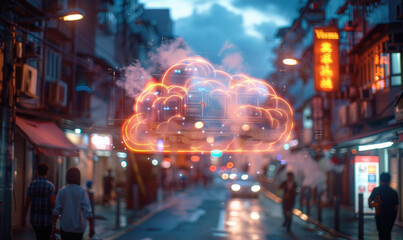 Wall Mural - A glowing cloud symbol floats above a bustling city street. AI.