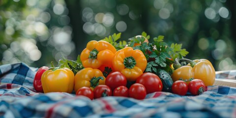 Poster - A vibrant assortment of fresh vegetables on a checkered tablecloth. AI.