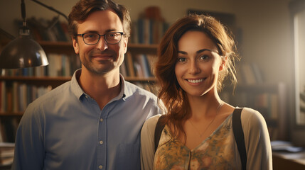 Smiling man and woman standing side by side in a warmly lit library.