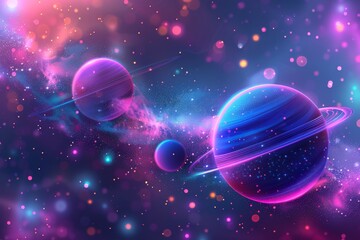 Poster - Artistic illustration of vibrant planets and cosmic elements in a nebula rich galaxy with pink and purple hues