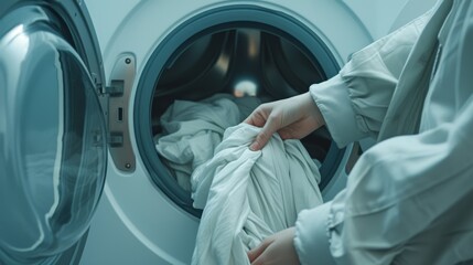 Close-up of hands placing white clothes into a washing machine. The image conveys the routine of laundry chores, focusing on the purity and simplicity of the white fabric, enhancing themes of