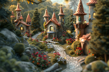 Wall Mural - Fairytale kingdom diorama. Adorable miniature fantasy world. Cute palace with tiled roof in a fairy village.