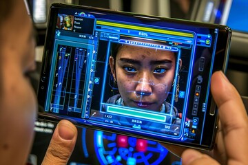 software developer showing mobile app using facial recognition system