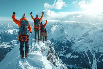 Group of mountaineers celebrating reaching mountain summit