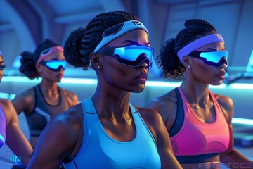 Group of athletic women wearing vr headsets in futuristic gym