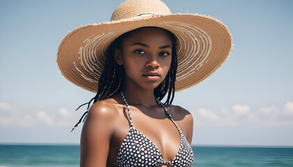 Wall Mural - African-American girl wearing a bikini and a straw hat, the beach in the background