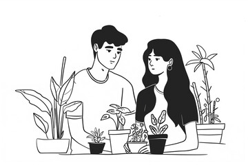 A young married couple sits at a table in front of a potted flower , vector graphic design elements for presentation or social media post showing young people