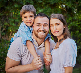 Poster - Piggyback, family and portrait in garden for love, morning and together or outdoor for holiday. Mom, dad or child in backyard or countryside for mothers day in nature or happy for relax and support