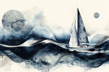 Wall Mural - Contemporary Art Collage of Sailboat with Wind in Sails

