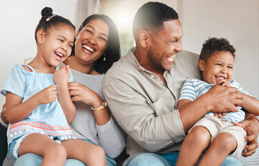 Wall Mural - Family, happy and laugh in living room on couch for bonding, relax and retirement together on weekend. Mother, father and children with funny joke in house on sofa for love, care or support as people