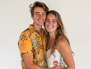 Young Couple in Love: A portrait of a happy young couple, radiating joy and love.  Their smiles are infectious, and their embrace speaks volumes about their strong bond.  The vibrant floral patterns i