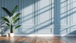 © EF Studio - blue room with white trim, wooden floor and plants. The walls have classic wainscoting with window frames.