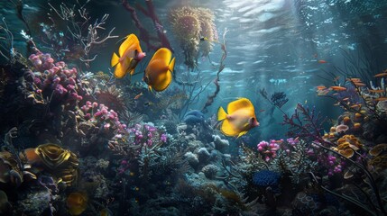 a school of bright yellow angelfish, swimming amidst a lush coral garden