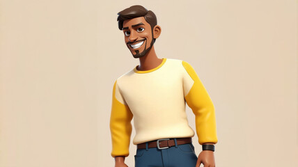 Poster - Smiling Cartoon Man in White and Yellow Sweater with Blue Jeans - Stylish 3D Illustration for Character Design and Animation Projects