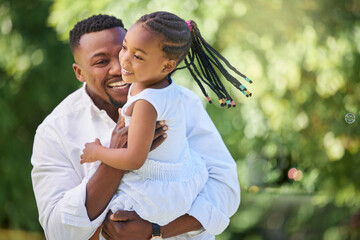 Poster - Black people, dad and happy with girl at park for bonding, love and trust with support for child development in Atlanta. Family, parent and kid in garden with smile or laugh for playing and happy