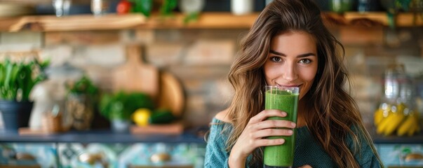 Smiling woman enjoying a healthy green smoothie.