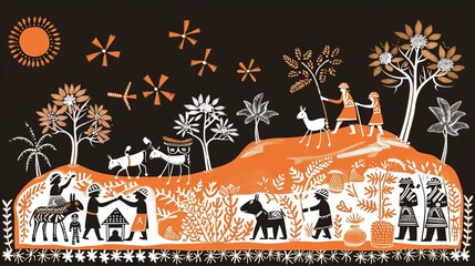 Indian rural life in art painting. Warli painting showing Tribal Lifestyle. Modern painting, illustration, art, vector, drawing and wall painting.