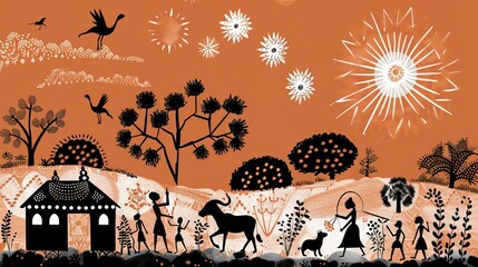 Indian rural life in art painting. Warli painting showing Tribal Lifestyle. Modern painting, illustration, art, vector, drawing and wall painting.