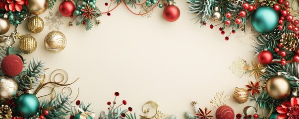 festive christmas frame with ornaments and greenery on a white background