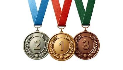 Gold, silver and bronze medals, sport athlete winners award with ribbons isolated on white transparent.