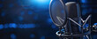 © trustmastertx - Dark blue background, studio microphone. for recording, broadcasting or podcasting studio needs, offers enough copy space for additional text or graphics.