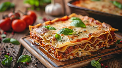 Wall Mural - Baked lasagna with gourmet Italian bolognese sauce on rustic wooden table, homemade, lasagna, delicious, gourmet, Italian