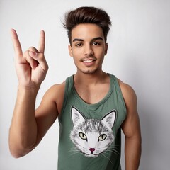 A muscular young man Peace Hand Gestures on white background, wearing green tank top with his car