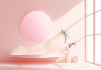 Geometric pastel podium scene for cosmetic product display. Pink abstract background with window wall for beauty advertising design. 3D Rendering Mock up