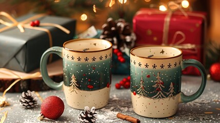 Poster - Festive ceramic coffee mugs with Christmas decorations and gift packaging