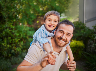 Poster - Piggyback, family and portrait in garden for games, morning and together or outdoor for holiday. Boy, dad or child in backyard or countryside for bonding in nature or happy for love, support and care