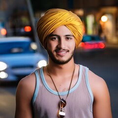 young handsome muscular sikh boy with a swag hang loose hand, a yellow sikh pagdi