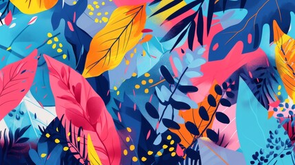 A vibrant botanical illustration featuring abstract leaves in shades of blue, pink, and yellow. The dynamic composition and bright colors make this artwork perfect for modern decor, adding a touch of