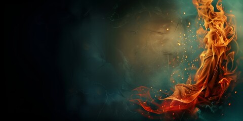 A vibrant swirl of flames and smoke dances against a dark background, with sparkling embers highlighting the dynamic movement and creating a powerful sense of magical ambiance.