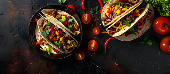 Top-down view of tortillas filled with assorted vegetables and beef, suitable for tacos or burritos, against a dark backdrop with available copy space image.