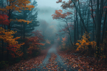 Wall Mural - Foggy morning in a forest with fall leaves